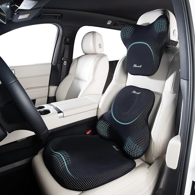 FLORICH Car Seat Cushion and Lumbar Support Pillow for Office Chair Car, Neck Headrest Pillow, Ergonomic Memory Foam, Pressure-Relieving Back Support for Car, Office Chair & Wheelchair – Black