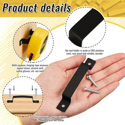 12 Pcs Tape Measure Clip Tape Measure Holder Bench Belt Universal Tool with Screws Stainless Steel Tool Hanger Storage Dock for Mount Drill Power Measures and Belt Clips (Black)