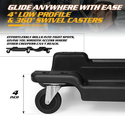 Magshion Rolling Garage with Padded Headrest, Shop Creeper 40" Mechanic Cart with Double Tool Tray and 6 Casters, 330 lbs Capacity Lightweight Automotive Creeper, (Black)