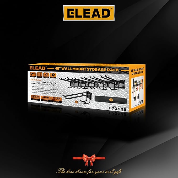 ELEAD 48 Inches Garage Storage, Garage Organization, Garden Tool Organizer Wall Mount, 9 Adjustable Heavy Duty Metal Hooks, Holds Up to 730 lbs, Yard Tool Organizer for Garden, Yard, and Shed