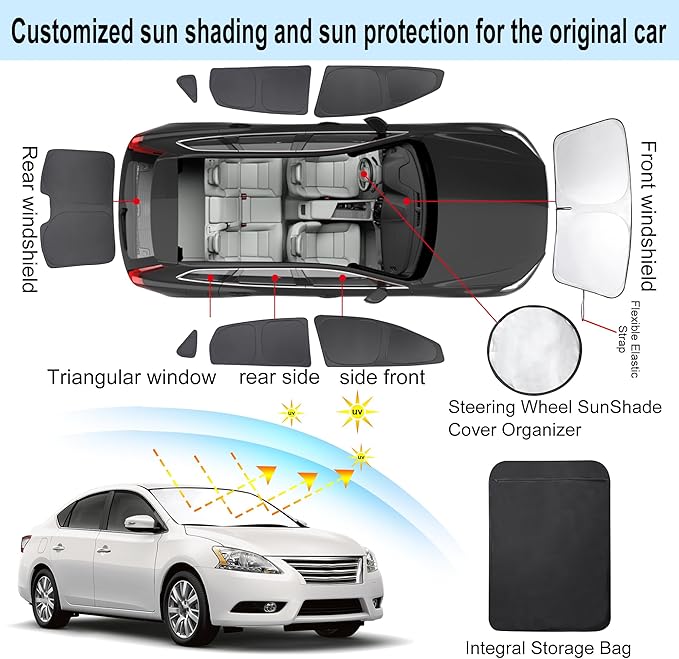 TINGLU Window Shades for Nissan Sentra 2014 2015 2016 2017 2018 2019 Accessories Car Side Full Windows Rear Triangular Windshield Sun Shade Sun UV Rays Privacy Protection for Camping Napping 8PCS