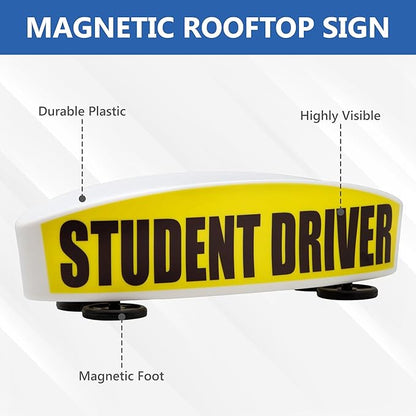 Student Driver Sign for Car Top - Weather-Resistant, Durable and Highly Visible Magnetic Student Driver Roof Signs for Driving School, With Strong Magnets for Attaching to the Vehicle