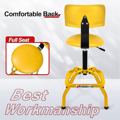 Shop Stool with Backrest, Mechanic Garage Stool for Workshop, Adjustable Shop Stools Chair, Padded Workbench Stools for Men Women, 300 LBS Capacity, 360° Swivel PVC Seat, Heavy Duty, Yellow