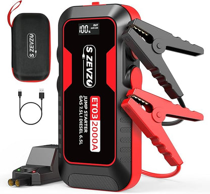 S ZEVZO ET03 Car Jump Starter 2000A Jump Starter Battery Pack for Up to 7.5L Gas and 6.5L Diesel Engines, 59.2Wh Portable 12V Jump Box with USB Ports, LCD Display, Storage Case, and LED Light