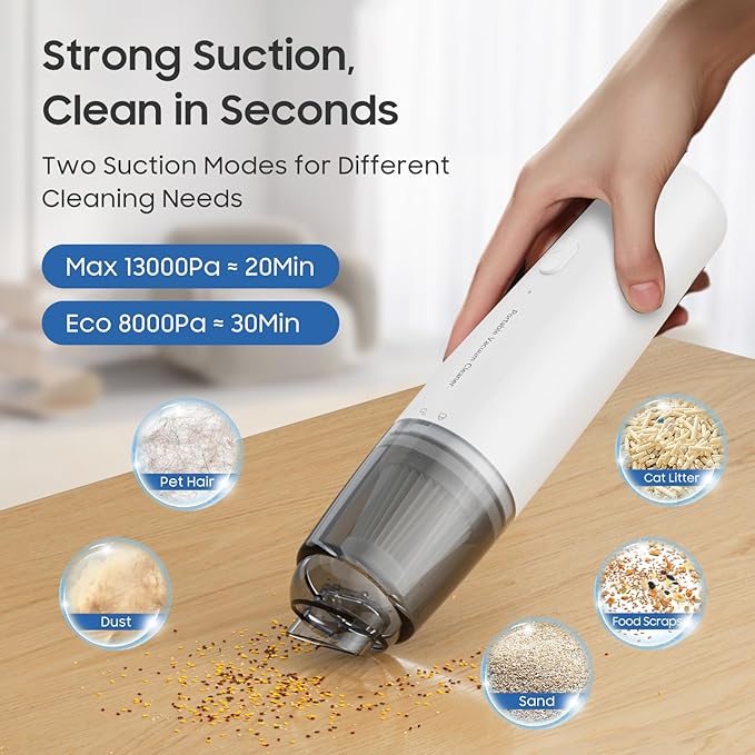 Handheld Vacuum Cordless, Car Vacuum Cleaner Portable with HEPA Filter, 2 Suction Modes, Mini Hand Held Vacuum Rechargeable for Car, Home, Pet Hair, Office, Desk, Keyboards (White)