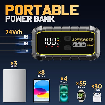 GS400 Jump Starter - 4000A Car Battery Jump Starter for Up to 12.0L Gas and 10.0L Diesel Engines, 12V Portable Jump Box with Storage Case USB Quick Charge, and LCD Display