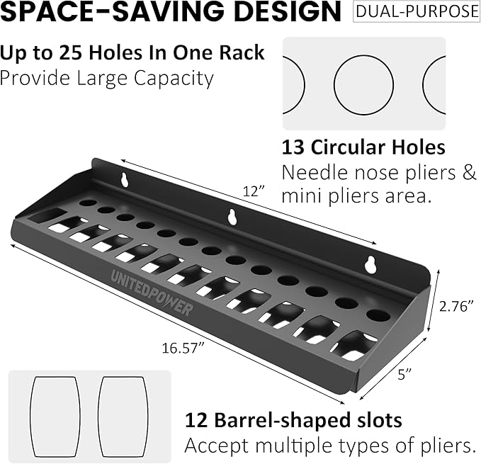 UNITEDPOWER Pliers Holder, Wall Mount Storage Rack Organizer for Workshop, Shed, Garage, Home, Stores up to 12 Pliers or Small Tools