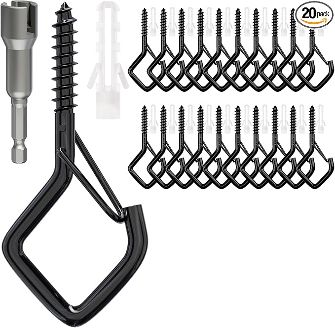 20 PCS Screw Hooks with Safety Buckle, Heavy Duty Ceiling Hooks for Hanging Outdoor String Lights, Plants, Wind Chimes, 2.36 inches, Black