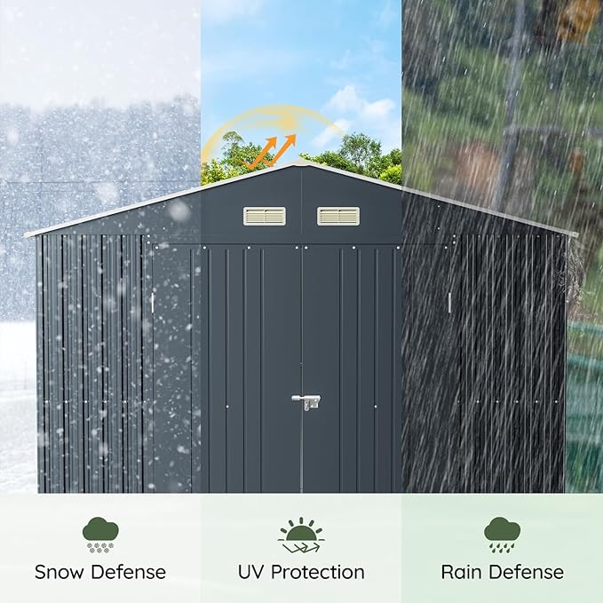 10x10 FT Outdoor Metal Storage Shed with Floor Frame, Double Swing Doors, 2 Clear Windows,Tool Shed for Garden, Patio, Backyard
