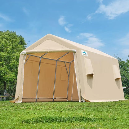 ADVANCE OUTDOOR 10X15 ft Garage Shelter Steel Metal Peak Roof Portable Storage Shed Carports for Motorcycle Boat, or Garden Tools with 2 Roll up Doors & Vents, Beige