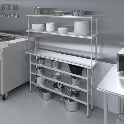 Amgood 14" x 60" Stainless Steel Work Table with 3 Shelves and 12" Wide Double Tier Overshelf | Metal Kitchen Prep Table & Shelving Combo | NSF