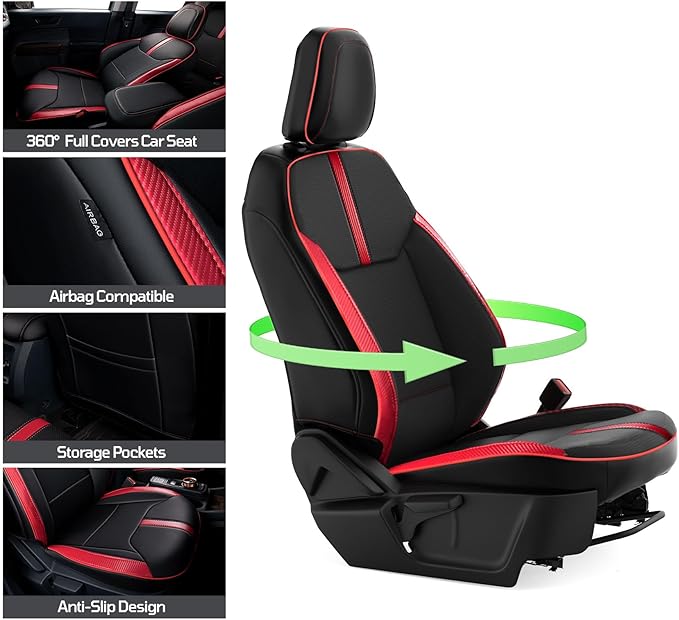 Seat Covers Fit for Ford Maverick 2022-2025 Double Cab XL XLT Lariat,Full Coverage Seat Cover Design ,Safety and Comfort Carbon Fiber Car Seat Covers,Airbag Compatible Seat Covers for Cars(Red)