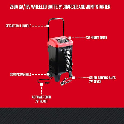 CRAFTSMAN Wheeled Battery Charger and Engine Starter, CMXCESM233, 2-in-1 Manual Timer Controlled, 250 Cranking Amps, 6 Volt, 12 Volt, for Car, SUV, Truck, and Marine Batteries