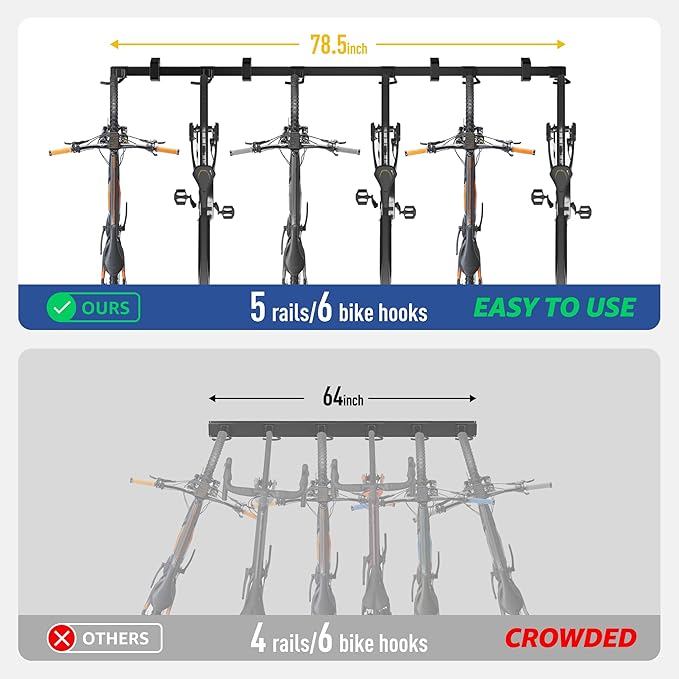 monTEK Enhanced Garage Bike Rack, Adjustable 6 Bike Hangers for Garage, Equipped with 78.5in Extended Rail to Accommodate Various Bicycle Sizes, Heavy-Duty Steel Bike Wall Mount, Max Capacity 330 lbs