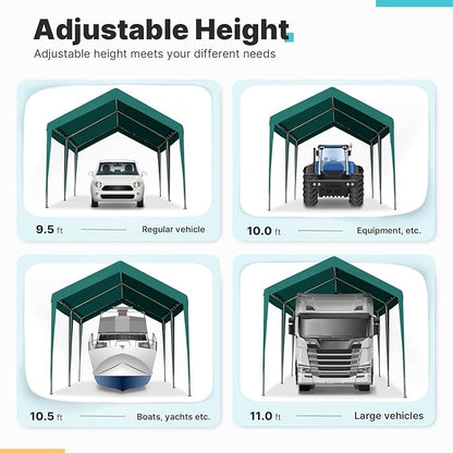 ADVANCE OUTDOOR Adjustable 10x20 ft Heavy Duty Carport Car Canopy Garage Boat Shelter Party Tent, Adjustable Height from 9.5 ft to 11 ft, Green