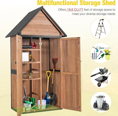 Outdoor Storage Shed,Vertical Wooden Tool Shed with Waterproof Roof,Adjustable 3 Tiers Shelves,Storage Tool Cabinet Box with Metal Frame Sloped Roof for Backyard Garden Patio Lawn (Brown)