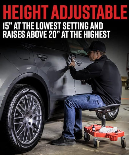 Adam's Polishes Pro Rolling Stool, Car Detailing Stool Chair, Shop Stool with Wheels, Garage Organizer, Tool Organizer Tray, Adjustable Height for Car Cleaning Buffer Polisher Ceramic Coating Car Wax