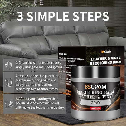 Gray Leather Recoloring Balm,Leather Couch Scratch/Stain Remover,Leather Repair kit for Vinyl Furniture and Car Interior,Leather Dye Paint for Scratched and Faded Leather Couches