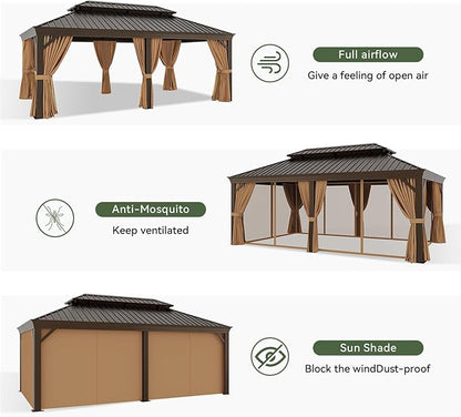 Aoxun 12' X 20' Permanent Hardtop Gazebo Aluminum Gazebo with Galvanized Steel Double Roof for Patio Lawn and Garden, Curtains and Netting Included, Brown