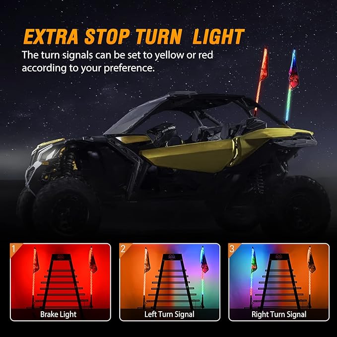 Nilight 2PCS 3FT RGB LED Whip Light with Spring Base Remote App Control w/DIY Chasing Patterns Turn Signal & Brake Lights for ATV UTV Polaris RZR Can-am Dune Buggy Jeep