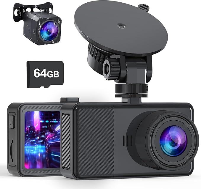 Dash Cam Front and Rear, 2.5K+1080P Dual Dash Camera for Cars, 2’’ Display Mini Car Camera, G-Sensor Dashcam, Night Vision, 24H Parking Mode, Loop Recording, 170°Wide Angle, 64GB Card Included, Black