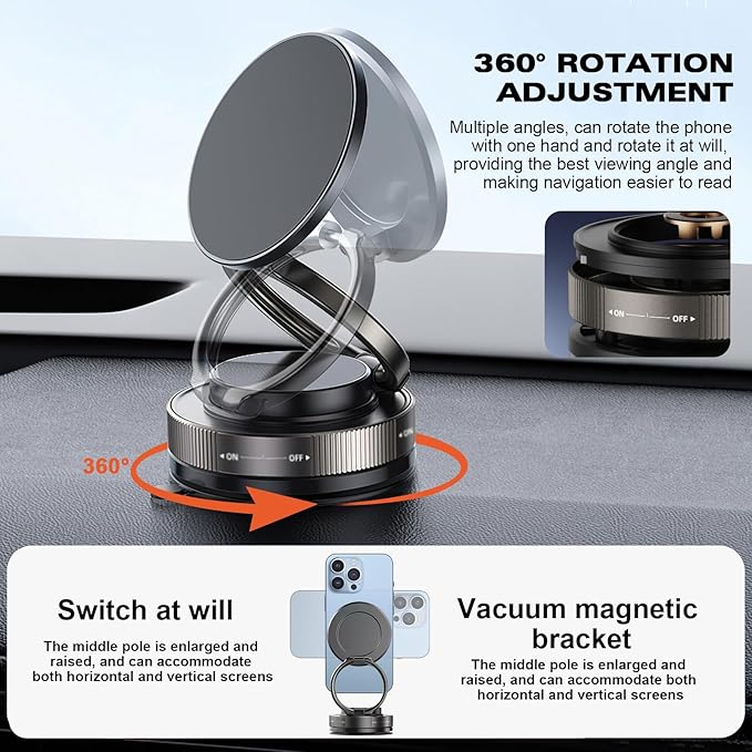 Vipbu Phone Mount, Vipbu Phone Holder, Car Phone Holder, 360° Adjustable Vacuum Magnetic Phones Holders, Foldable Car Mount, Universal Adjustable Stand for Phone Smartphones (Black)