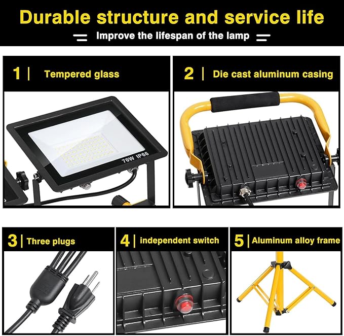 21000 lumens LED work light, IP66 waterproof portable work light, with tripod, 16.4-foot (about 5 meters) wire; Suitable for outdoor and indoor workshop, garage, and construction site lighting
