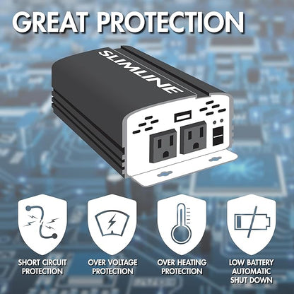Wagan EL3718 800W Slim Line AC to DC Power Inverter 800W TrueRated Continuous 1600W Surge Power DC 12V to AC 110V Power Inverter with 2 AC Outlets and 2A USB Charging Port