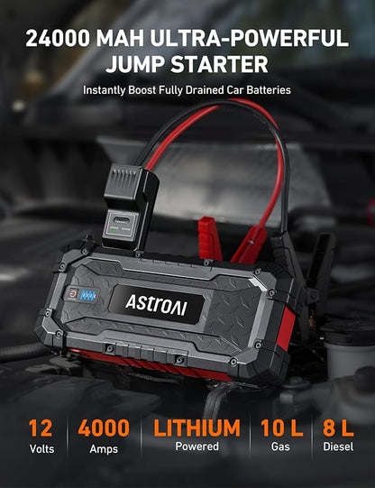 AstroAI S8 Ultra 4000A Peak Jump Starter,Up to All Gas/12L Diesel Engine,24000mAh Portable Car Battery Jump Starter,Rugged 12V Battery Pack with 2-Way Quick Charger,LED Light, Jumper Cables(Red)