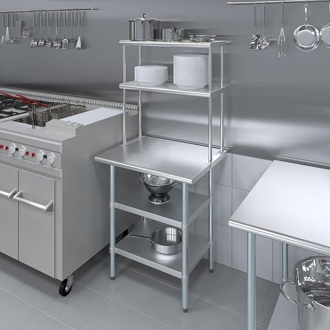 Amgood Stainless Steel Work Table with 2 Shelves | Metal Kitchen Prep Table & Shelving Combo (24" x 30" Table with 2 Shelves + 12" Overshelf)