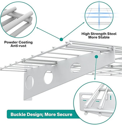 EVERHANGER Wall Mounted Garage Shelves, 2 x 4 ft Metal Storage Shelves, Heavy Duty Wall Shelving with Hooks, Holds Up to 220 Lbs, White