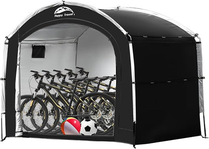Happy Travel Bike Storage Tent Shed, Outdoor Waterproof Bicycle Covers Shelter with Window for 2/4/6/8 Bikes,Oversized Outside Portable Sheds for Lawn Mower,Garden Tools (Black)