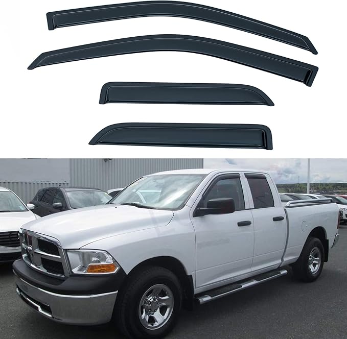 Set of 4 Front+Rear Smoke Sun/Rain Guard Outside Mount Tape-On Acrylic Window Visors Compatible with 09-18 Ram 1500 Quad/Extended Cab with Half Size Rear Doors + Full Size Front Doors