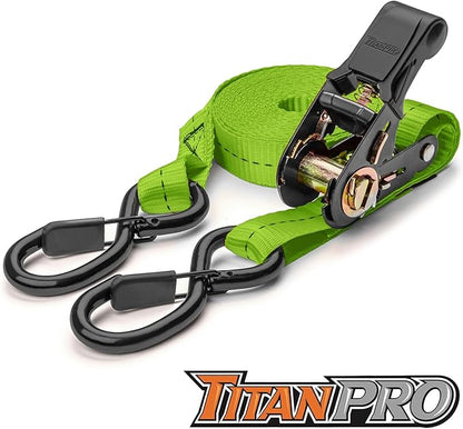 TitanPro Heavy Duty Ratchet Straps 4-Pack - 2,200lb Break Strength, 1" x 15' Rachet Tie Downs with Padded Handles - Heavy Duty, Truck, Motorcycle, Moving Straps (Green)