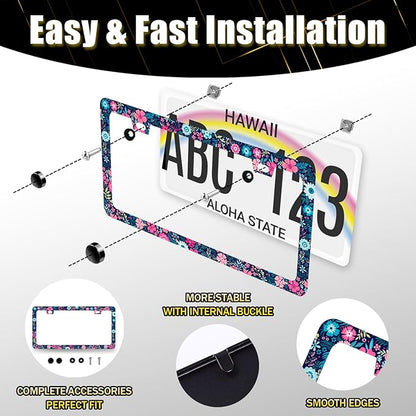 Colorful Flowers License Plate Frame Beautiful Floral Flower License Plate Holder for Women Car Decorative Stainless Steel Cute License Plate Flowers Auto Parts with Screws 12.2"x 6.2"