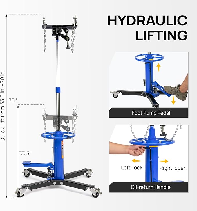 TUFFIOM Transmission Jack, 1660 lbs 3/4-Ton Hydraulic 2-Stage High Lift Vertical Telescoping Floor Jack Stand, 34" to 68" Lifting Range, w/Pedal, 360° Swivel Wheels, Garage/Shop Lift Hoist, Blue