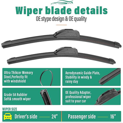 24" 16" 12" Windshield Wiper Blades Replacement for Hyundai Tucson 2005 2006 2007 2008 2009 Premium All Weather Front Rear Wipers Set - OEM Quality (Pack of 3)