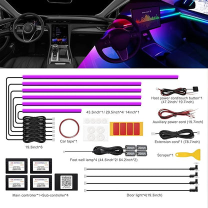 Acrylic Interior Car LED Strip Light with Wireless APP, RGB 14 in 1 with 175 inches 593 LEDs Fiber Optic Ambient Lighting Kits, 16 Million Colors Sound Active Function Car Neon Lights