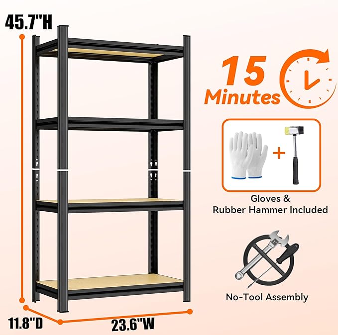 Garage Shelving, 4-Tier Adjustable Storage Shelves, Metal & Wood Pantry Shelf Organizer, Modern Garage Shelving Unit, Utility Storage, (Wood 45.7" H x 23.6" W x 11.8D)