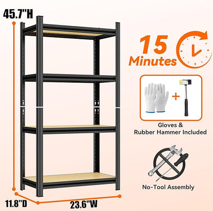 Garage Shelving, 4-Tier Adjustable Storage Shelves, Metal & Wood Pantry Shelf Organizer, Modern Garage Shelving Unit, Utility Storage, (Wood 45.7" H x 23.6" W x 11.8D)