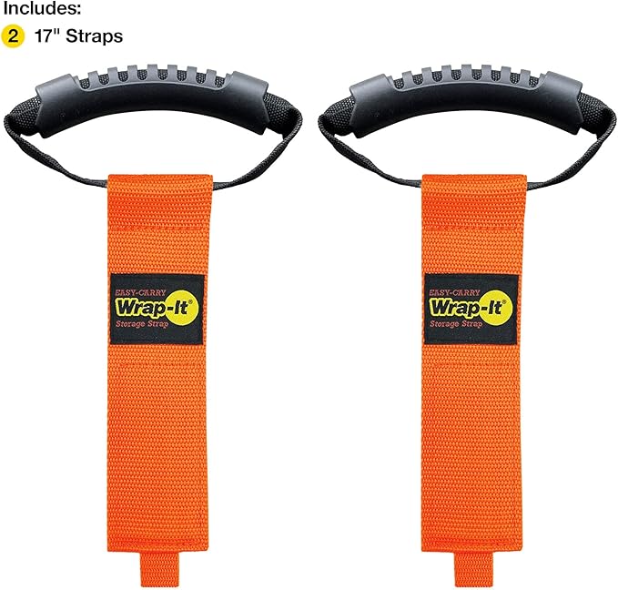 Easy-Carry Wrap-It Storage Straps - 17” (2-Pack) Blaze Orange – Heavy-Duty Hook and Loop Cord Carrying Strap, Hanger, and Organizer with Handle for Pool Hoses, Garden Hoses, Cords, Cables and More