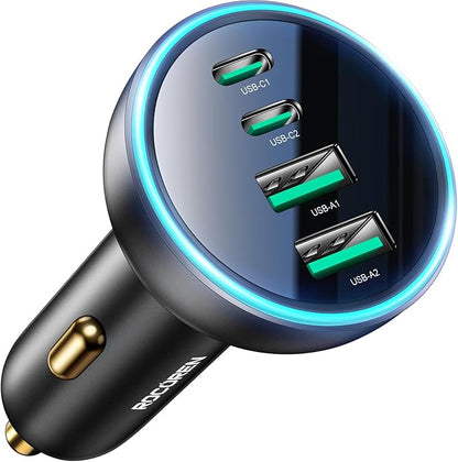 70W USB C Car Charger, Rocoren 4-Port PD Super Fast Charging Type C Car Charger for Multiple Devices, Cigarette Lighter Adapter, USBC Phone Adapter for 17 iPhone 16/16e/15 Pro Max, Samsung S25, Piexl