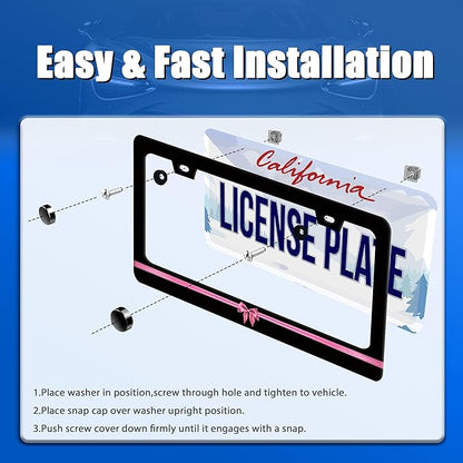 Pink License Plate Frame Cute License Plate Stainless Steel Black Funny License Plate Holder Women Personalized Car Accessory Decoration 12.3" x 6.3"