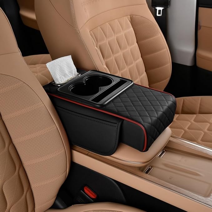 Car Center Console Cover Booster Multifunctional Car Center Console Cushion Pad with Cup Holder & Tissue Box & Side Pockets Arm Rest Cover for Car, Quilting, Black-red