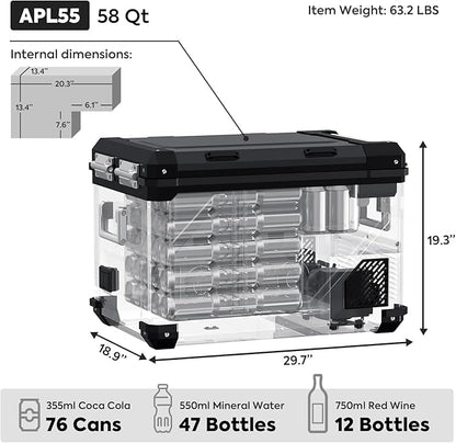 ICECO APL55 Dual Zone Portable Refrigerator Freezer Bluetooth Controlled, 55 Liter 12v refrigerator with SECOP Compressor, DC 12/24V, AC 110-240V, for Truck, Car and Home, -4℉~68℉ (Black)