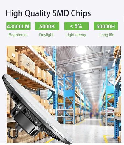 300W UFO-LED-High-Bay-Light, UL & DLC Listed 5000K Daylight 43500LM, 0-10V Dimmable LED High Bay Lights AC100-277V, IP65 Waterproof Commercial Bay Lighting Fixture for Warehouse Workshop