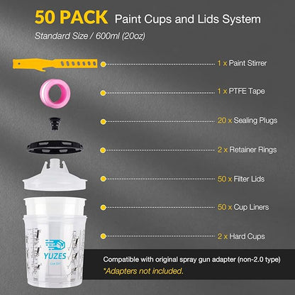 YUZES Disposable Paint Cups for Spray Gun 20 Ounce (600ml), 50 Disposable Paint Cup with Lids, 2 Hard Mixing Cups with Retainer Ring, 20 Plugs, PTFE Tape, Stirrer, for LVLP HVLP Spray Gun