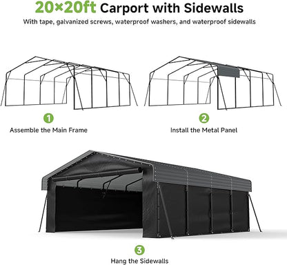 Real Relax 20x20ft Heavy Duty Metal Carport, Galvanized Steel Roof with Removable Sidewalls, 4 Support Legs, Outdoor Car Port Shelter for 2 Car Carport, Trucks and Boats