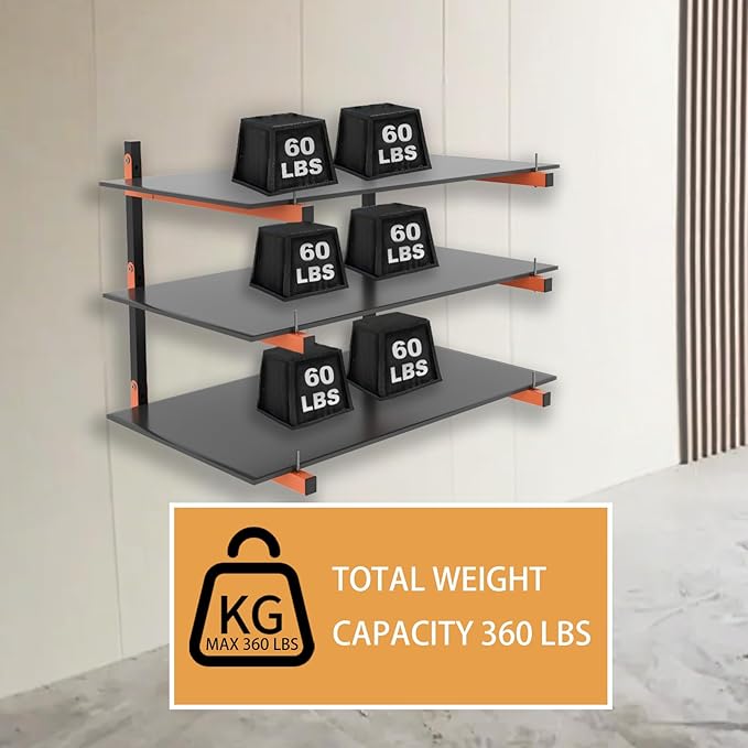 Lumber Rack Wall Mount, Heavy Duty Wood Storage Racks, 3-Level System Garage Shelving, 380 Lbs Capacity Organizer Shelves, Folding Orange Brackets, 2 Pack Hanging Metal Shelf for Indoor and Outdoor