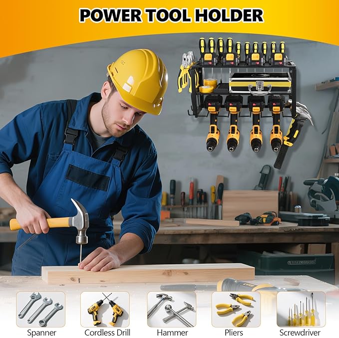 Power Tool Organizer Wall Mount,battery storage rack,Heavy Duty Iron Material, Garage & Workshop Tool Organizer Storage,150Lbs Load 3 Layers Storage Rack with 4 Drill Holders for Drills Cordless Tools